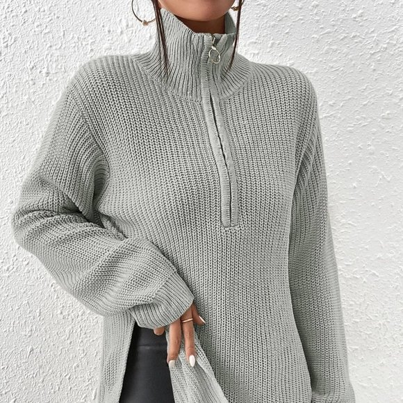 Grey Casual Womens Half Zip Split Hem Drop Shoulder Sweater - Picture 5 of 5